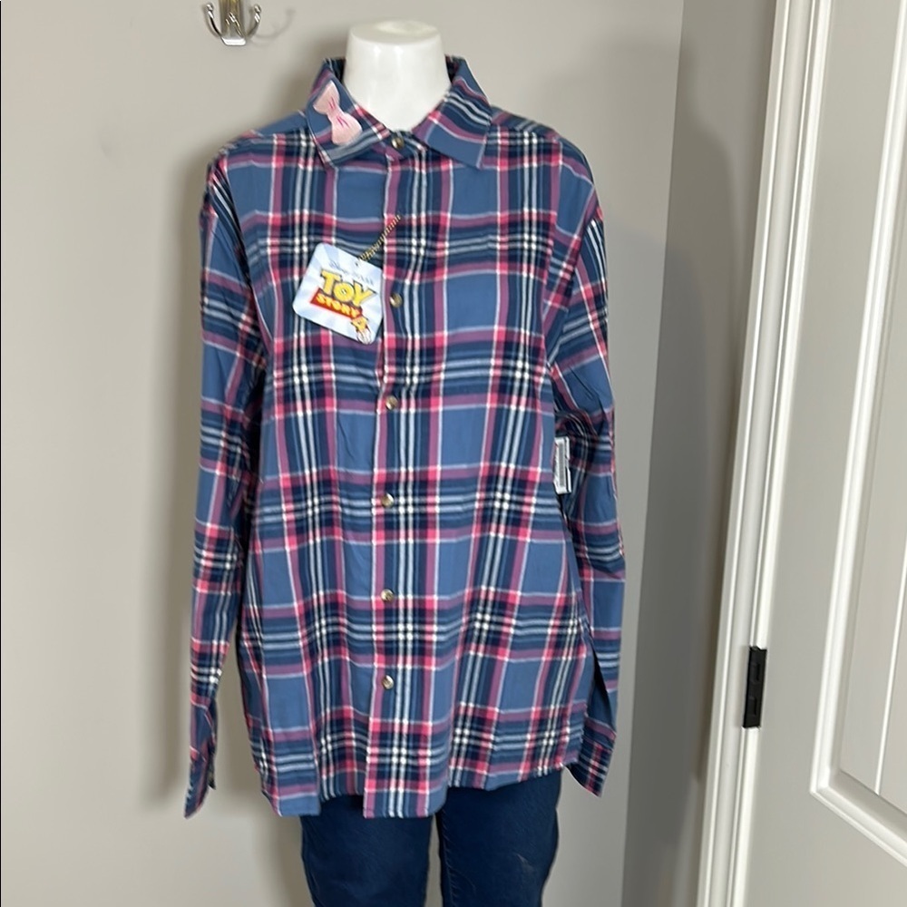Disney Toy Story 4 Cakeworthy Bo Peep Plaid Flannel Button Up Shirt Top Sz L NEW - Picture 2 of 12